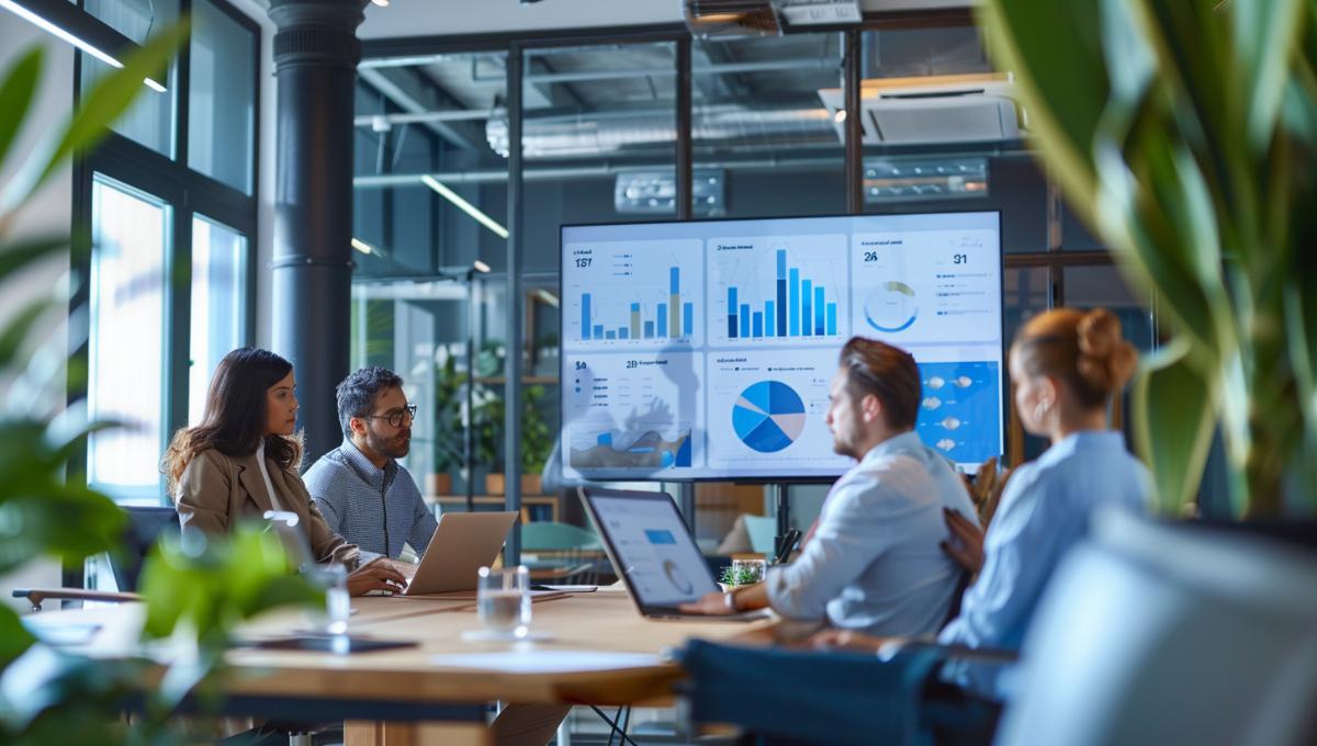 Réunion de dirigeants dans un bureau moderne consultant un annuaire des décideurs sur écran numérique