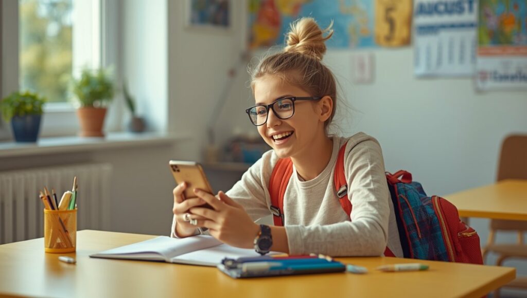 Élève consultant son smartphone pour connaître sa classe en avance avant la rentrée scolaire 2026