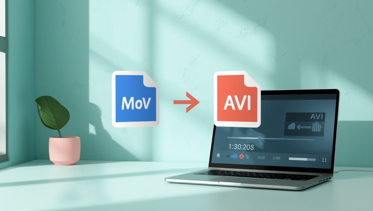 Interface de conversion de fichier vidéo MOV vers AVI sur ordinateur avec icônes de formats