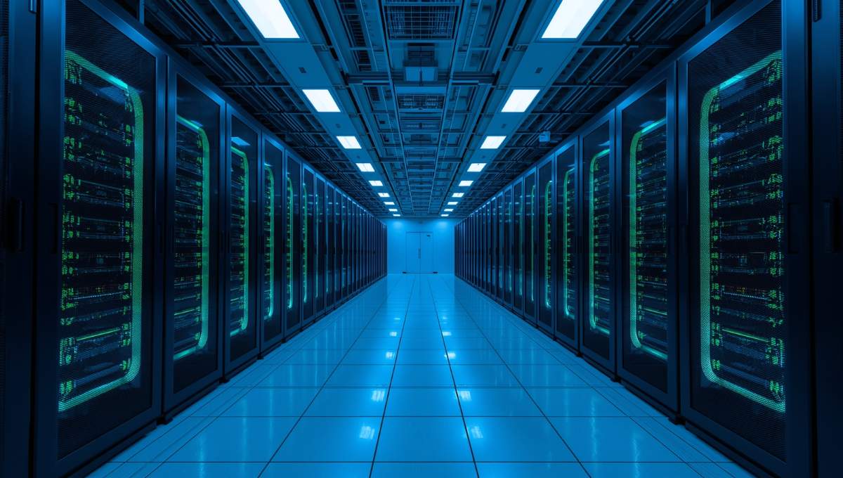 Intérieur d'un data center moderne avec rangées de serveurs illustrant la consommation énergétique importante