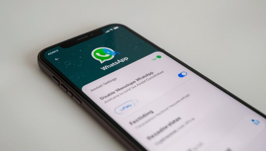 Écran de smartphone affichant WhatsApp avec le rond bleu Meta AI, représentant le guide pour le désactiver