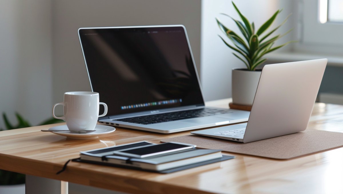 Comparaison visuelle entre MacBook Air et MacBook Pro côte à côte sur un bureau moderne, illustrant les différences de design et d'usage