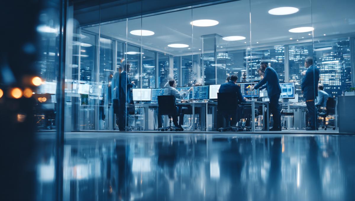 Bureau moderne de société de financement avec professionnels analysant des documents financiers