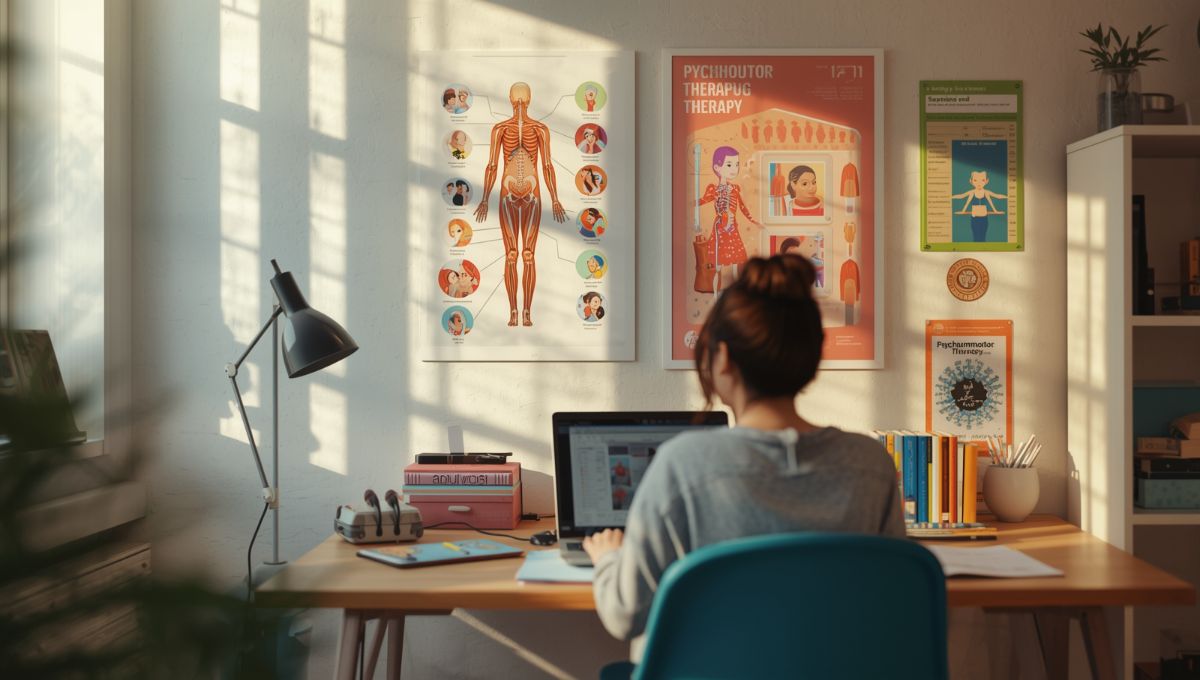 Personne étudiant une formation de psychomotricien à distance sur ordinateur avec supports pédagogiques