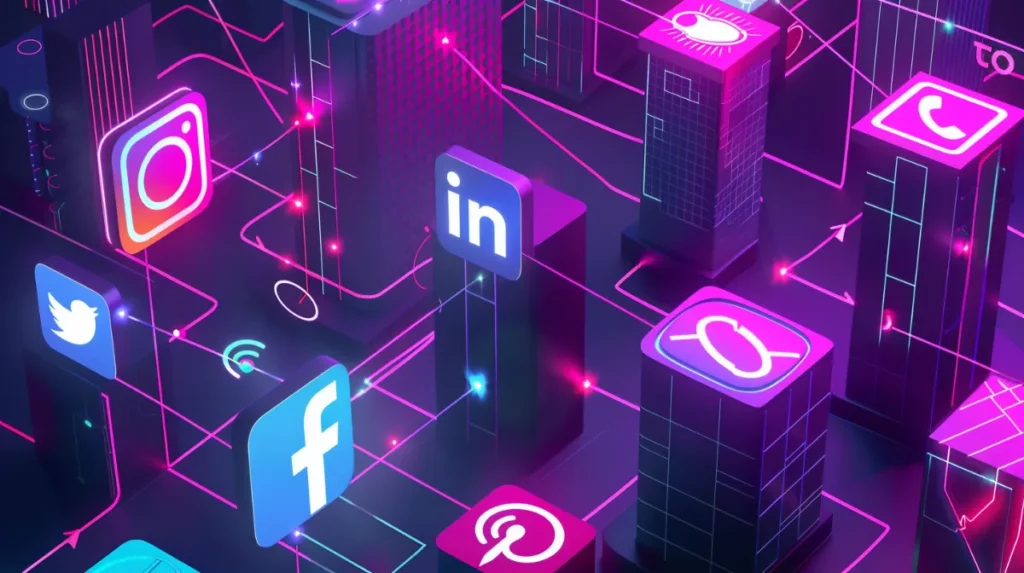 Illustration montrant les logos des principaux réseaux sociaux (Facebook, Instagram, WhatsApp, LinkedIn, YouTube, TikTok) reliés aux entreprises GAFAM qui les possèdent : Meta, Microsoft et Google