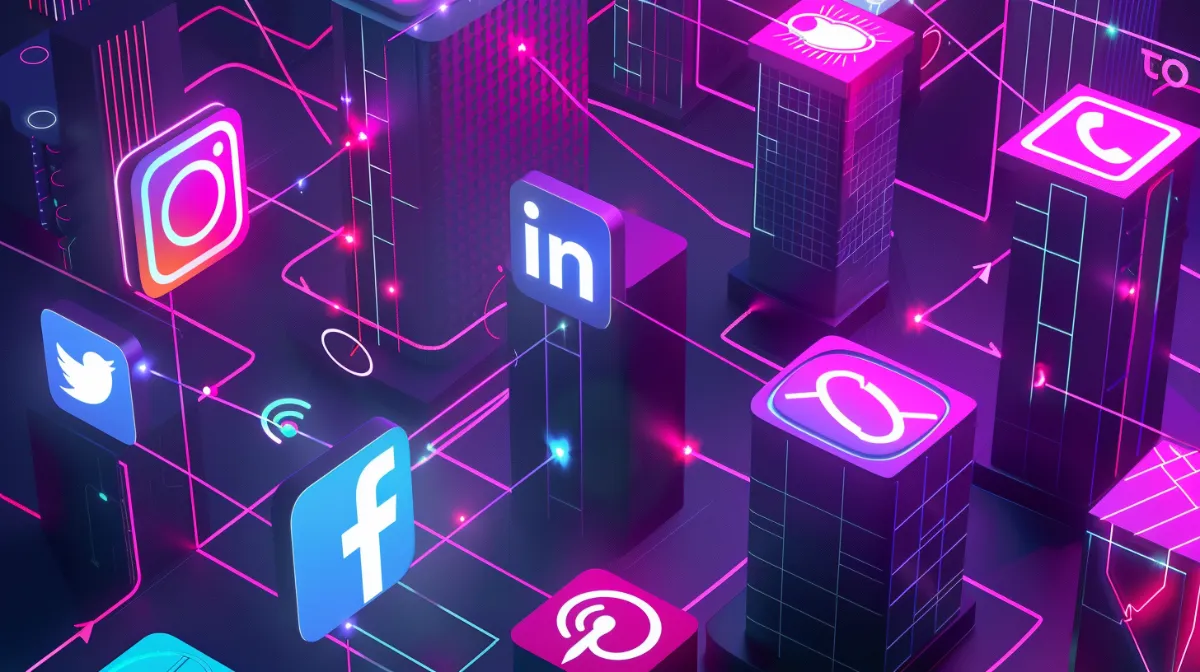 Illustration montrant les logos des principaux réseaux sociaux (Facebook, Instagram, WhatsApp, LinkedIn, YouTube, TikTok) reliés aux entreprises GAFAM qui les possèdent : Meta, Microsoft et Google