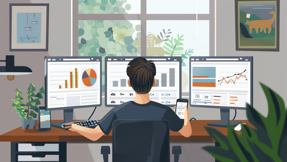 Illustration d’un manager digital travaillant sur plusieurs écrans pour gérer des comptes OnlyFans, dans un bureau moderne et professionnel