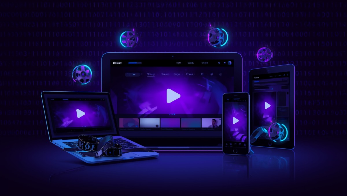 Interface de streaming Mobzax sur plusieurs appareils avec éléments néon violet, illustration du guide complet