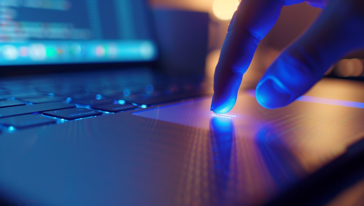 Pavé tactile d'ordinateur portable moderne avec doigt en approche, illustrant les solutions pour débloquer un touchpad qui ne fonctionne plus