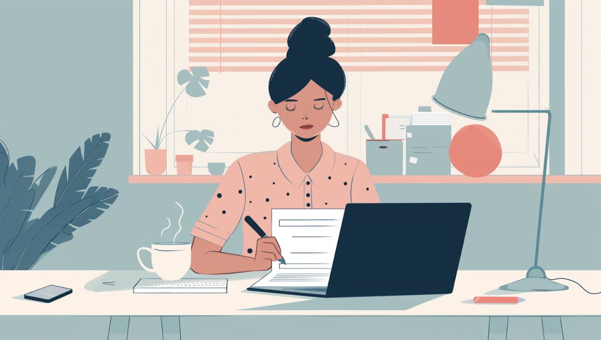 Jeune femme signant son récapitulatif de candidature sur ordinateur dans un bureau lumineux