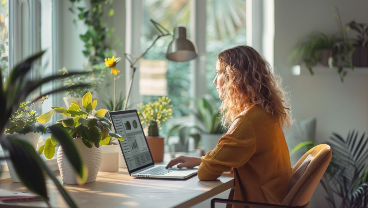 Femme consultant son espace personnel Pôle emploi sur ordinateur pour reporter un rendez-vous