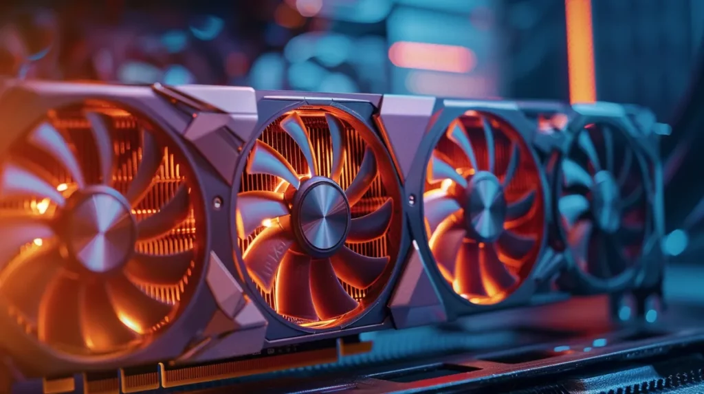 Carte graphique gaming avec système de refroidissement avancé et visualisation thermique montrant les zones de température du GPU