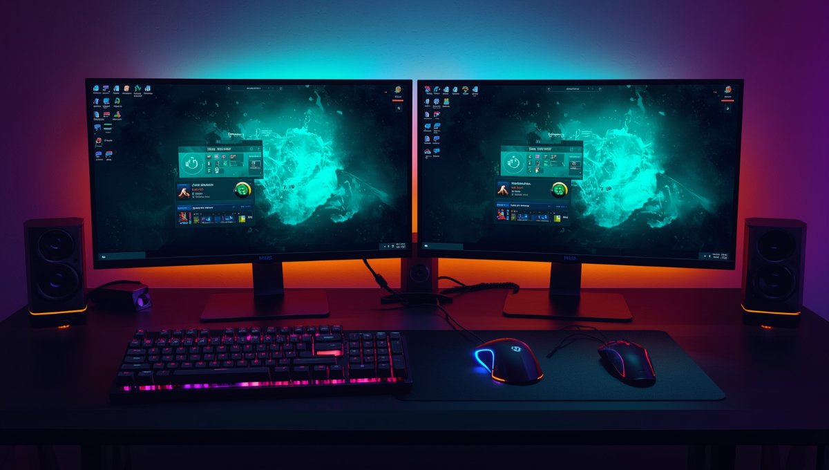 Configuration gaming moderne avec Ubuntu GamePack sur écran, clavier mécanique et souris gaming sur bureau noir avec éclairage LED