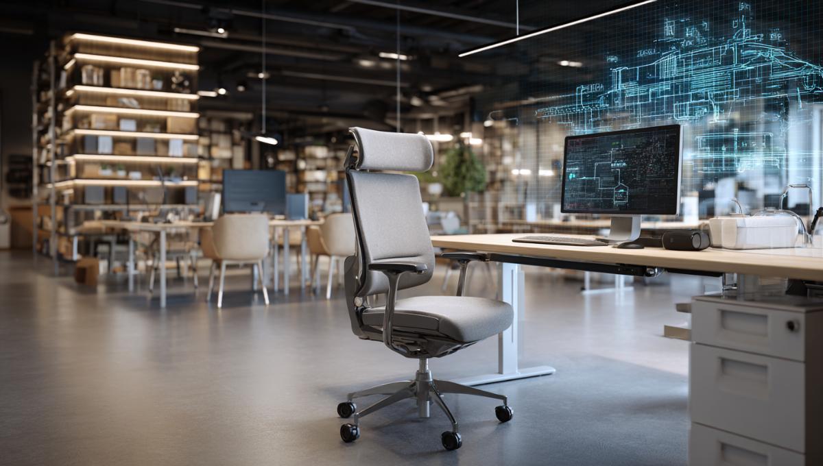 Photo d'un poste de travail ergonomique et moderne dans un bureau d'entreprise aménagé par PGDIS. Le visuel illustre le concept de guichet unique pour l'aménagement et les fournitures B2B.