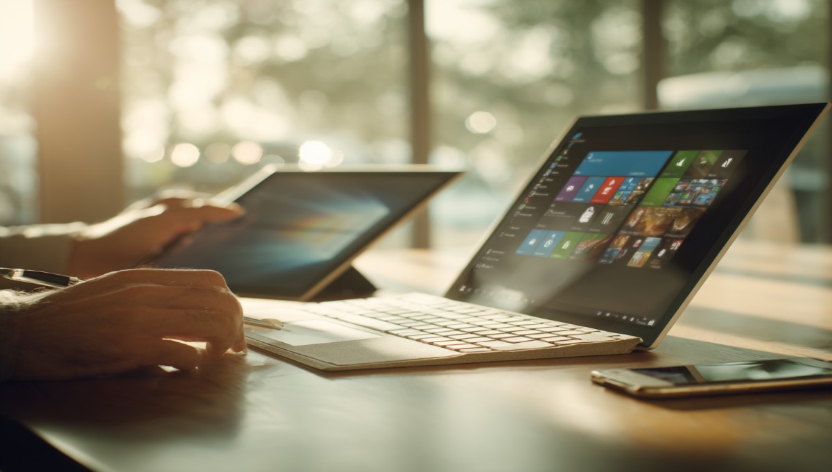 Image de comparaison entre un PC portable (clavier) et une tablette (écran tactile avec stylet) pour aider l'utilisateur à choisir.