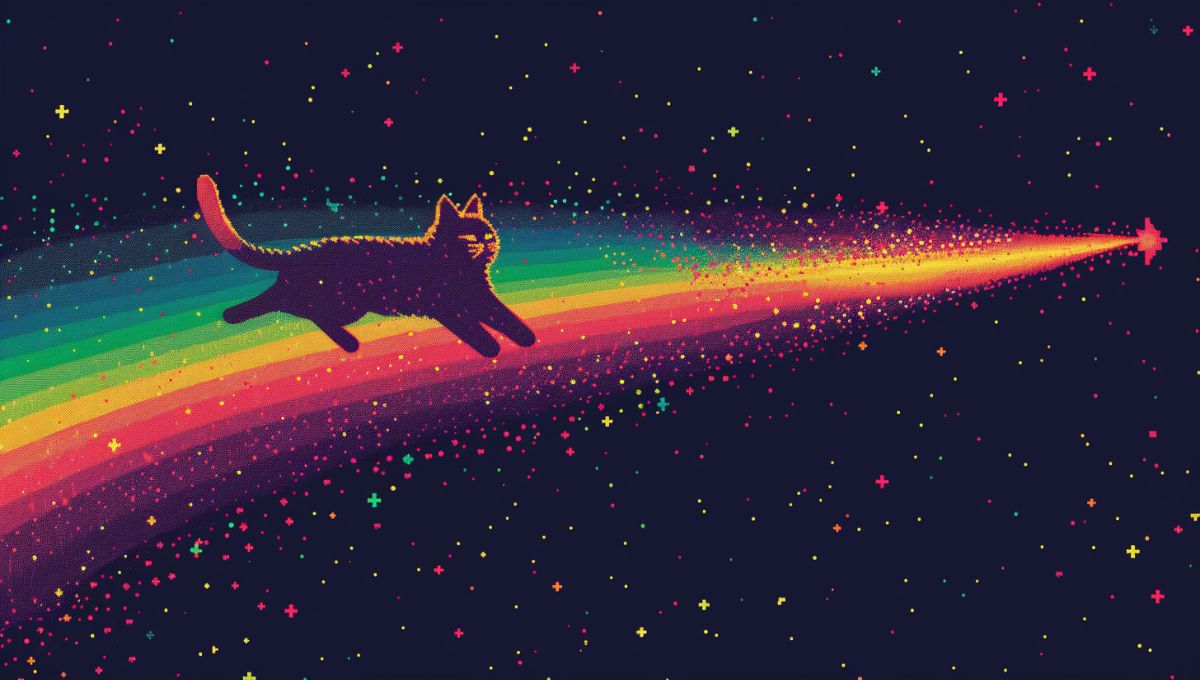Animation pixel art de Nyan Cat traversant l'espace avec une traînée arc-en-ciel, illustration du site rank-by-ping.com